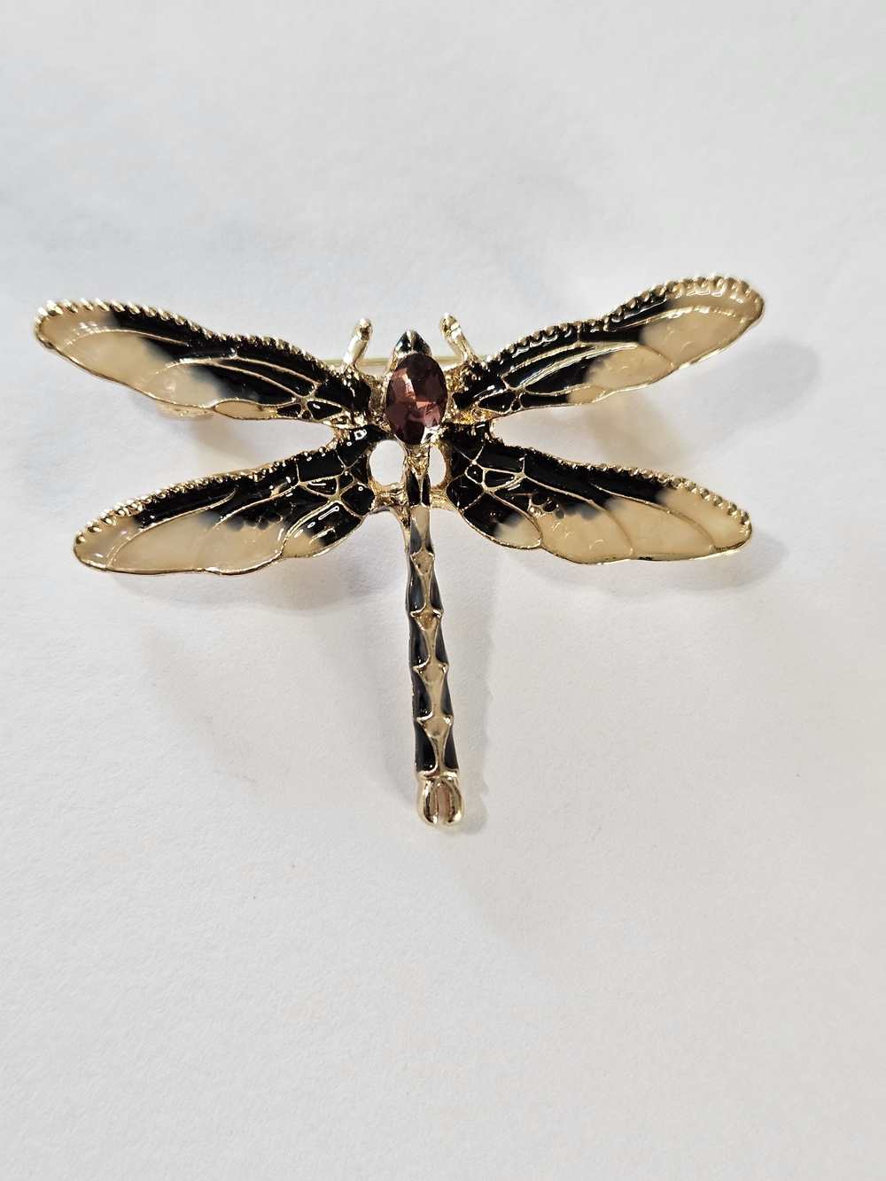 NEW Art Nouveau Dragonfly Brooch - Black & Cream Enamel 2" Pin - 8.5g Weight